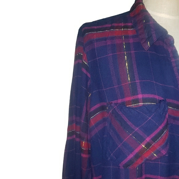 Maurices Double Front Pocket Metallic Tinsel Plaid Button Front Shirt Top 3X - Picture 10 of 16
